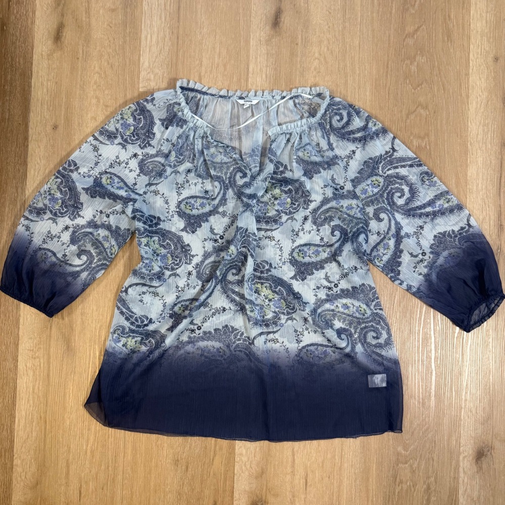 Sonoma Goods For Life Womens 1X Blue Paisley Ombre Sheer Ruffle Blouse Top